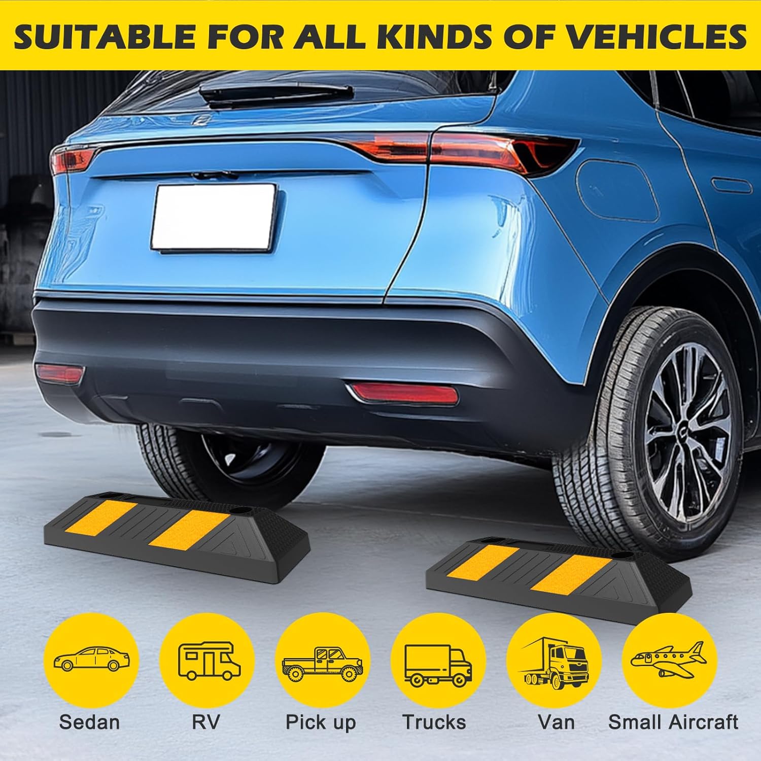 20" Rubber Parking Curb Stop, Car Stopper for Garage Parking, Heavy Duty Parking Wheel Stops for Car, Garage Bumpers with Reflective Yellow Tape for Parking Car (4 Pack)