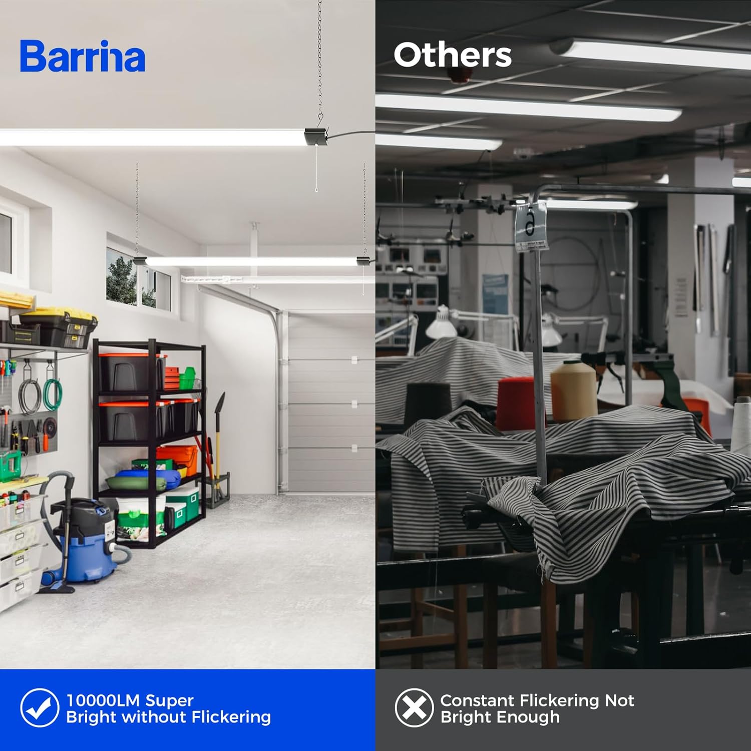 Barrina LED Shop Light for Garage, 10000LM, 84W, 4FT, 5000K Linkable Light Fixture for Workshop, Basement, Hanging or Flush Mount, Heat Dissipation with Pull Chain Switch, ETL,1 Pack