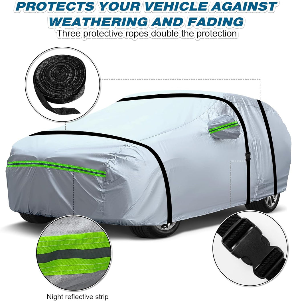 TUCAREST 6-Layers Premium Full Car Cover Hard Shell Zipper Design Waterproof All Weather Weatherproof UV Sun Protection Snow Dust Storm Resistant Outdoor with Straps (Fit for Sedan 205"- 216")
