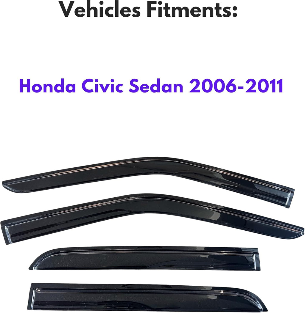 KPY Window Visor Compatible with Honda Civic Sedan 2006-2011, 4PC Rain Guard Side Window Vent Deflectors Tape-On Mugen Style, 2006 2007 2008 2009 2010 2011