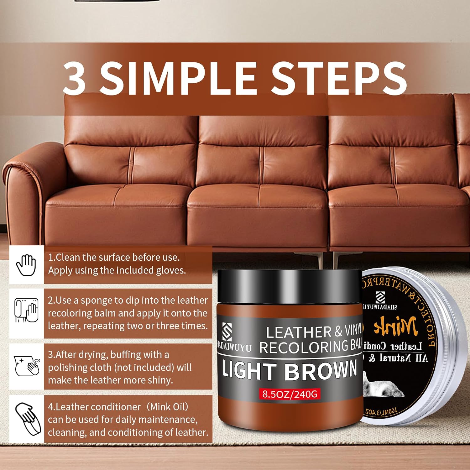 8.5oz Leather Recoloring Balm with 100ml Mink Oil,Light Brown Leather Repair kit for Furniture and Car Interior,Leather Couch Scratch Repair,Leather Dye Paint,Mink Oil for Leather