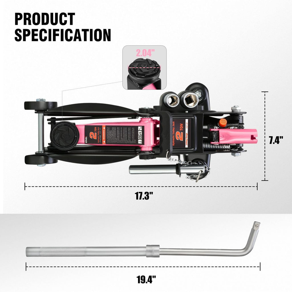 DNA MOTORING Floor Jack with Socket and Lock, Low Profile Hydraulic Trolley Jack for Cars Lift, 2 Ton (4000 lbs) Capacity, Lifting Range 5.12"-13", Pink, TOOLS-00677-PK