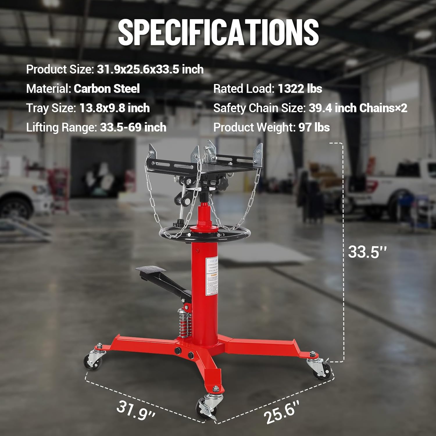Transmission Jack with 2 Stage Hydraulic Ram, 1322 LBS Hydraulic Telescoping Transmission Jack with Foot Pedal & 360° Swivel Wheels, Heavy-Duty Garage/Workshop Jacks for Car/Truck Repairs, Red