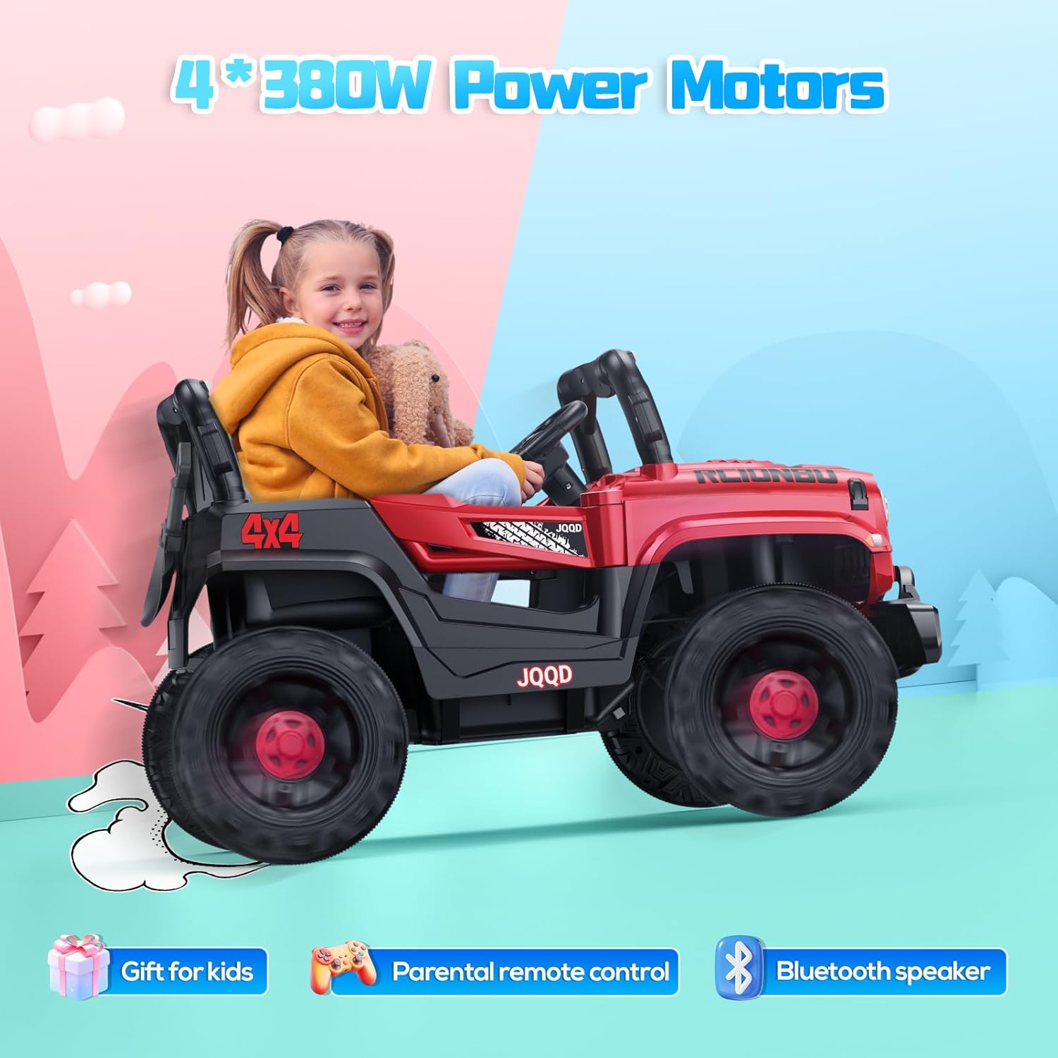 SEALIGHT 12V Kids Ride On Car Truck w/Parent Remote Control, 4 * 380W Motors, 3 Speeds, Emergency Braking, LED Lights, Music & Horn, Kids Electric Vehicles Toddler Electric Car for Girl Boy Gift