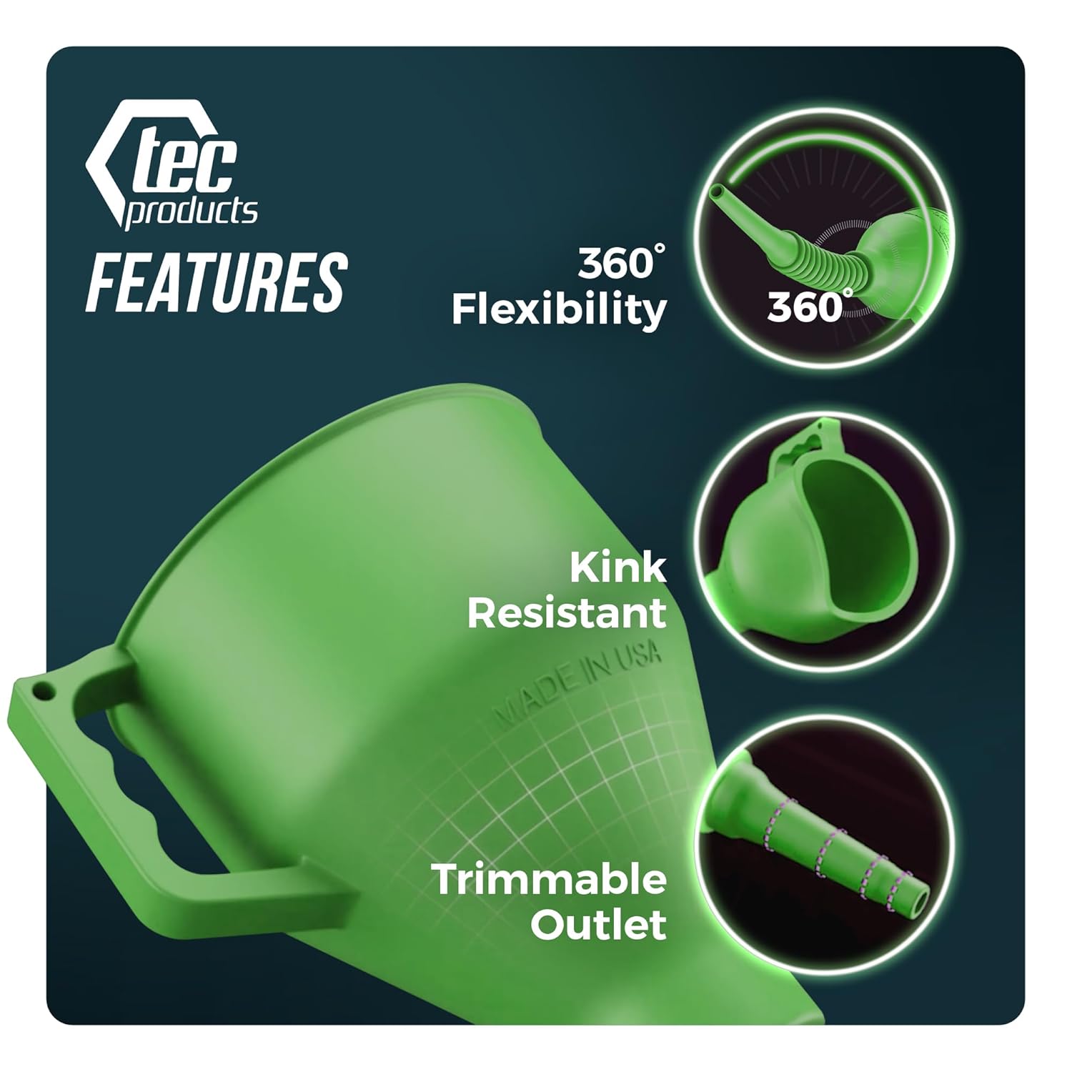 FlexAll Long Flexible Funnel for Automotive Use - Durable Nitrile Rubber - Ideal for Car Oil Change, Transmission Funnel Fluid, Diesel, Fuel, Gas - Made in USA - Green (16 x 5 Inches)