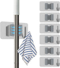 6 Pack Stainless Steel Mop and Broom Holders – Wall Mounted Grippers with Adhesive or Nail-Free Glue, No-Drill Installation for Kitchen, Bathroom, Garage