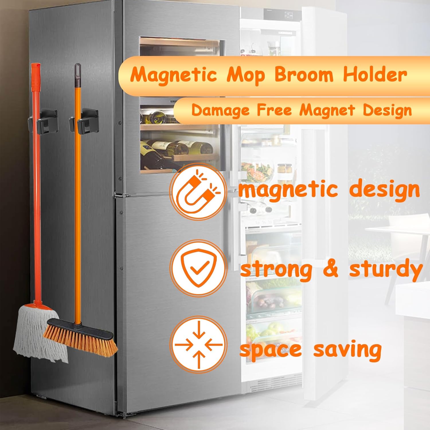 4 Pack Strong Magnetic Mop Broom Holder, Heavy Duty Magnetic Broom Mop Hanger for Cleaning Tools, Wall Mounted Mop Broom Holder for Laundry Garage Kitchen Workshops Shed