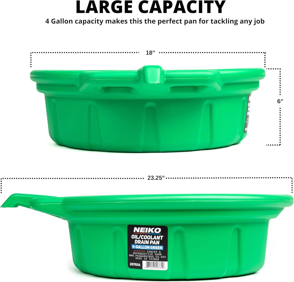 NEIKO 20761A Large Coolant/Oil Drain Pan, 4 Gallon (16L) Capacity, Antifreeze Green Plastic Anti Splash Oil Pan, Motor Oil Drip Catcher Pan, Non Spill Pour Spout, Oil Catch Pan for Changing Oil