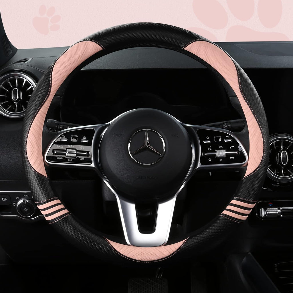 Car Steering Wheel Covers for Women Girl Padded Carbon Fiber PU Leather Cute Cartoon Auto Interior Accessories for Jeep, Truck, Universal, Anti Slip, Pink, Large Size 15.5-16"(39-41cm)