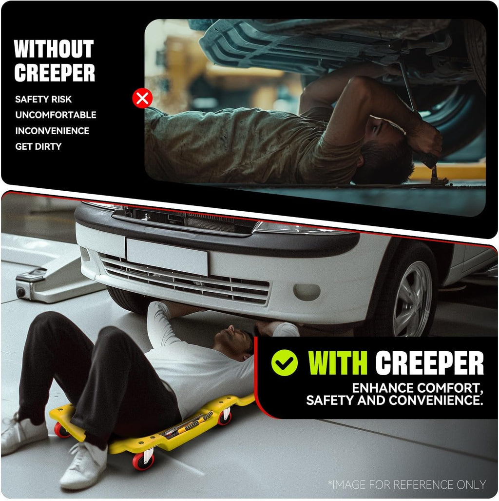 Auto Dynasty 36 Inches Mechanic Creeper, Automotive Garage Repair Low Profile Under Car Rolling Creeper with Padded Headrest, Plastic, Yellow