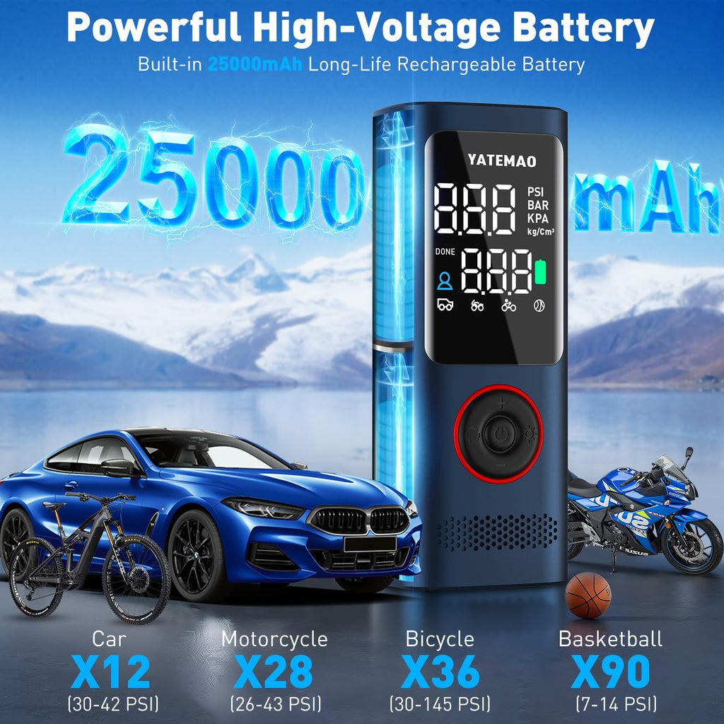 Tire Inflator Portable Air Compressor - tire inflator 25000mAh & 160PSI，4X Fast portable air compressor with LCD Digital Tire Gauge Pressure，Cordless air pump for car tires,bike, Motorcycle, Ball
