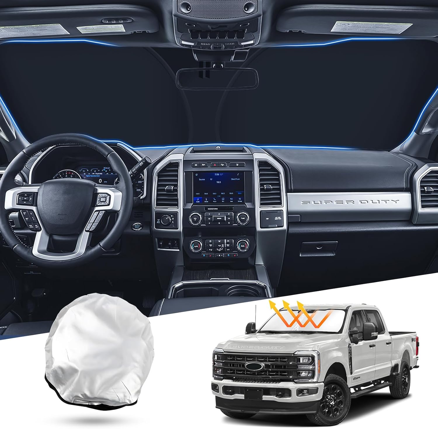 T TGBROS Windshield Sun Shade for Ford Super Duty 2017-2022 F-250 F-350 F-450 Pickup Accessories Foldable Sun Shield Front Window Sunshade Cover Sun Visor Cover Block Heat and Sun Protection