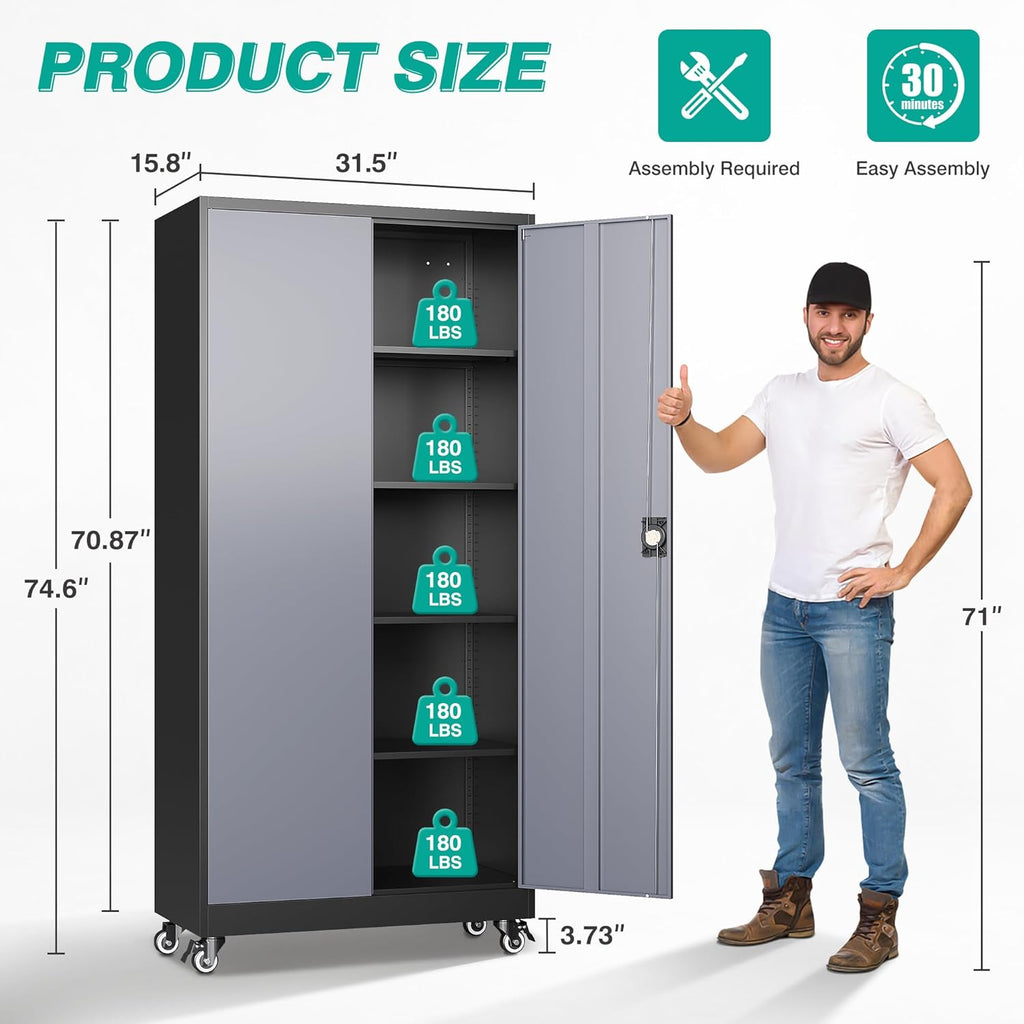 75" Tall Metal Storage Cabinet with Wheels,Rolling Garage Storage Cabinet with Lock,Gray Metal Cabinets with Wheels and Shelves,Tall Tool Cabinets on Wheel for Garage,Home,Office,Shop