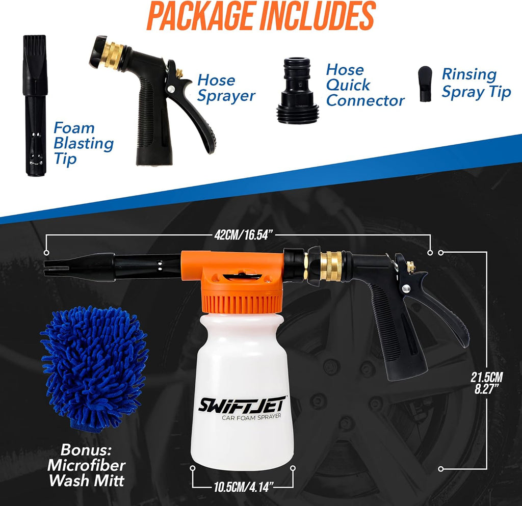 SwiftJet Car Wash Foam Gun + Microfiber Wash Mitt - Car Foam Sprayer - Car Wash Kit - Foam Cannon Garden Hose Sprayer - - Car Accessories for Men - Snow Foam Blaster (Orange Foam Gun with Mitt)