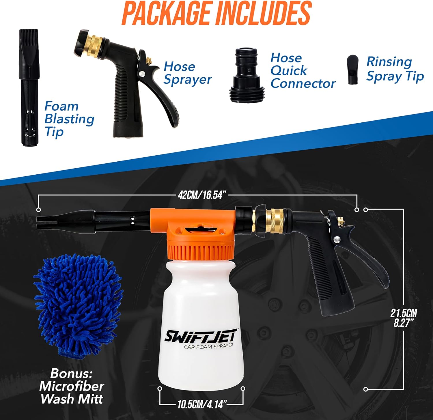 SwiftJet Car Wash Foam Gun + Microfiber Wash Mitt - Car Foam Sprayer - Car Wash Kit - Foam Cannon Garden Hose Sprayer - - Car Accessories for Men - Snow Foam Blaster (Orange Foam Gun with Mitt)