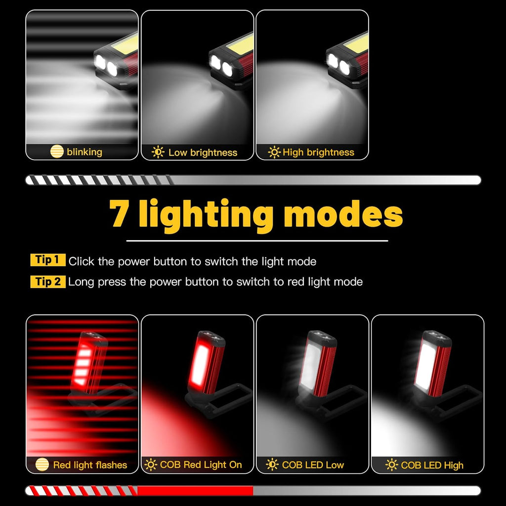 Rechargeable LED Magnetic Work Light 2 Pack, Portable Tool Gifts for Men, 7 Flashlight Modes with Kickstand and Carabiner, 360° Rotating Head and USB Charging for Camping, Hunting, and Car Repairs