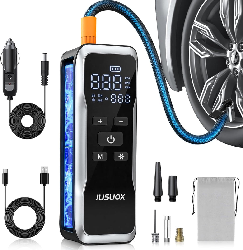 Tire Inflator Portable Air Compressor, Air Pump for Car Tires 150PSI Cordless with Battery and 12V DC, Electric Bike Pump with Pressure Gauge, Auto Shutoff, for Ball, Motorcycle Accessories