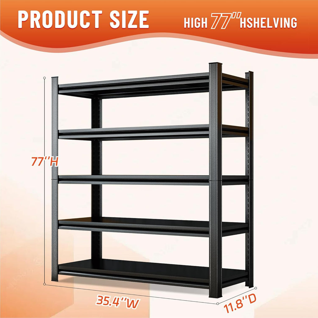 Heavy Duty 5-Tier Shelving Unit 3000LBS Capacity - Adjustable Steel Garage Shelves for Warehouse, Basement Storage(77''H x 35.4''W x 11.8''D)