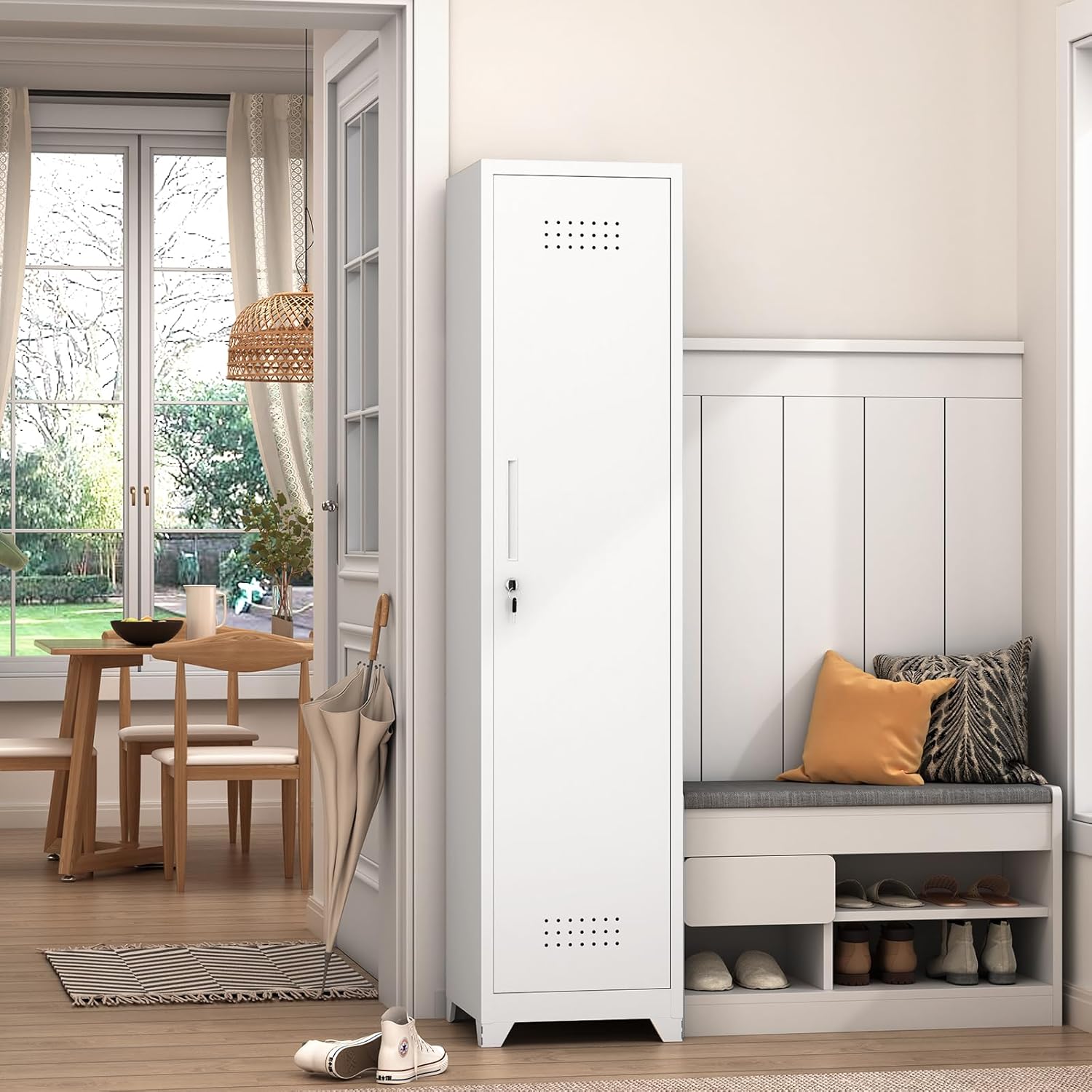 GREATMEET Slim Broom Closet Storage Cabinet, Narrow Utility Closet, 65" Metal Cleaning Supply Storage with Lock and Door,Utility Cabinets for Brooms and Mops for Laundry Room, White