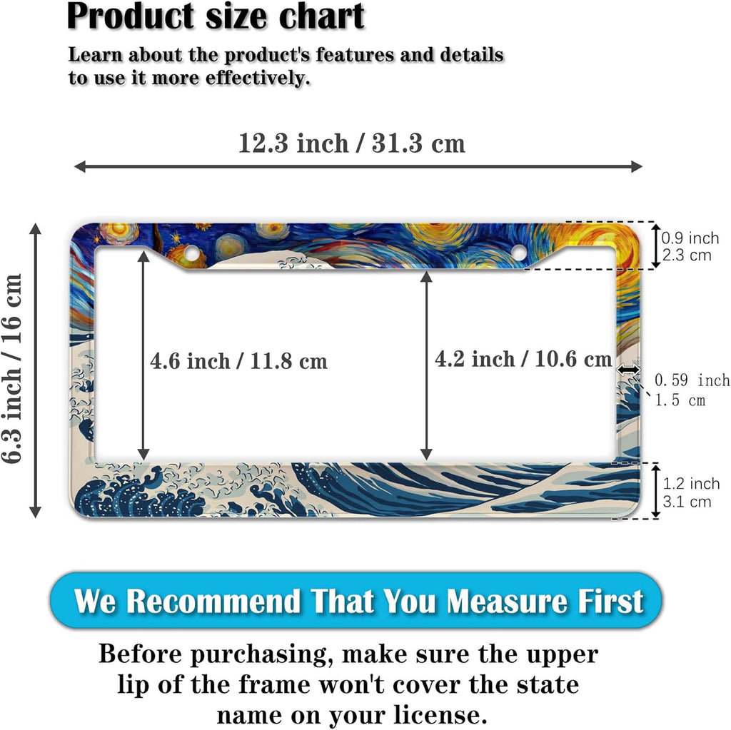 Car Plate Frames for Women Multicolor License Plate Protector for Men Starry Night Big Wave Aluminum Metal Car Accessory 2 Pack with Screw Covers Set