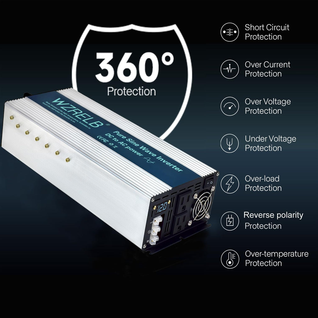 WZRELB 3500W Pure Sine Wave Inverter, Car Power Inverter 12V DC to 110V 120V AC Converter for RV, Truck, Solar, Outdoor with Dual AC Outlets, Hardwire Port, Surge 7000W, LED Display,Off-Grid