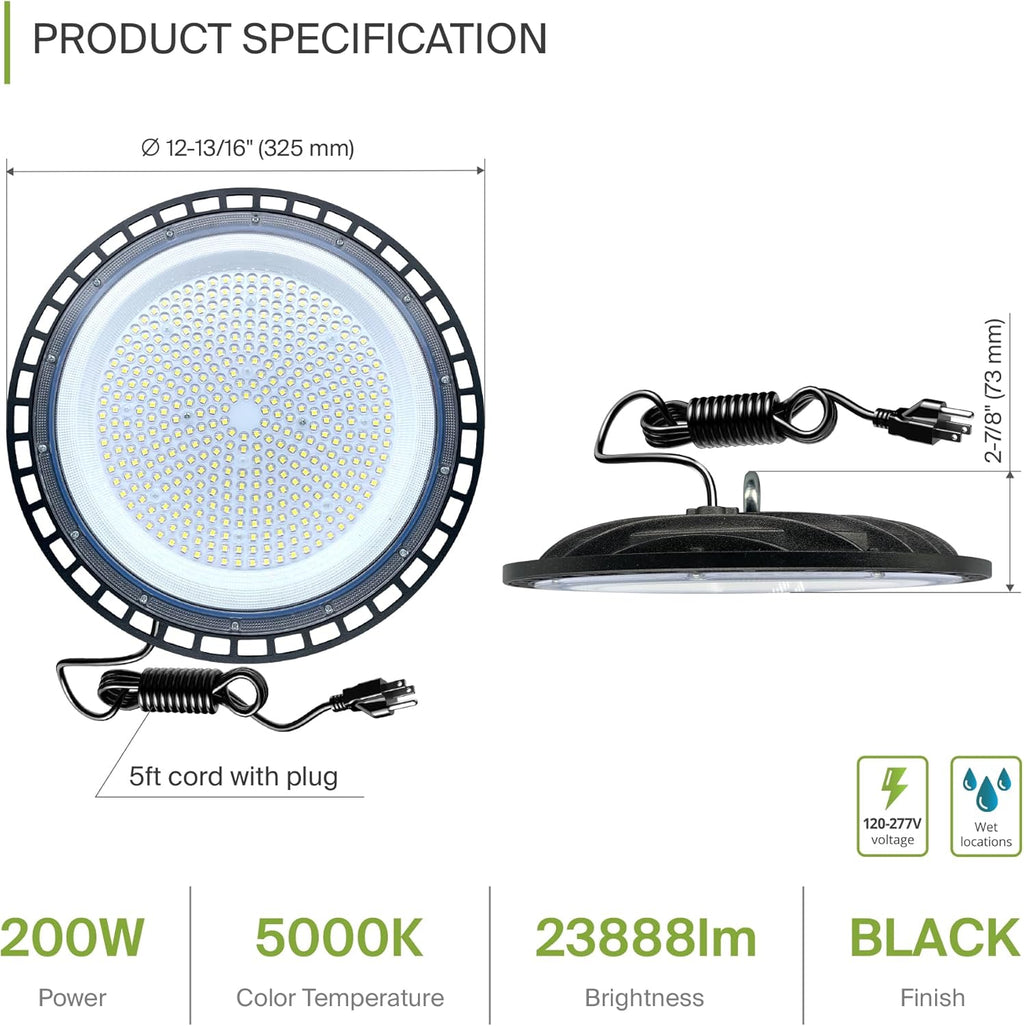 ASD LED High Bay UFO Light Fixture, Commercial Shop Lighting | Plug & Play Cable, IP65 Waterproof, ETL Listed | 200W 23900LM 5000K 100-277V | Warehouse, Garage, Workshop, Barn Lamp | Black, 12 Pack