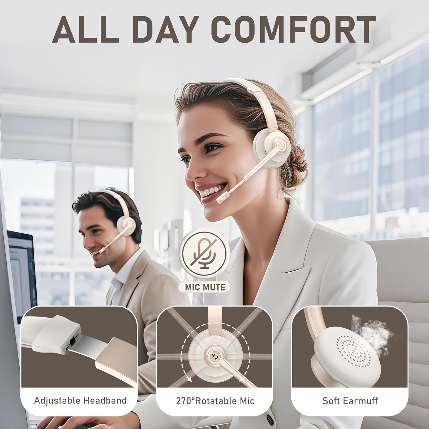 Wireless Headset, Bluetooth Headphones with Microphone Noise Canceling & USB Dongle, Singler-Ear Bluetooth Headset with Mic Mute for Cell Phone Computer Work Office Meetings Trucker Teams Skype Call