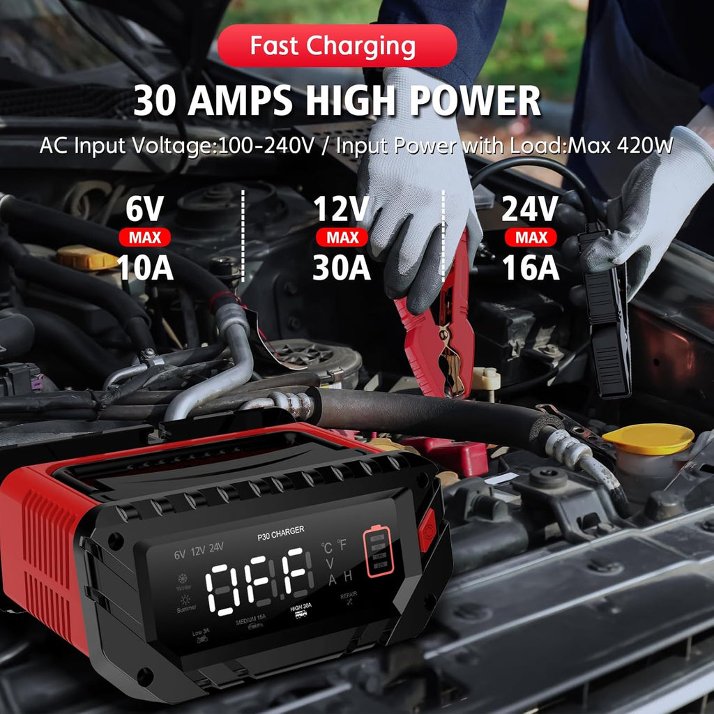 30-Amp Car Battery Charger, 6V/12V/24V Smart Automatic Automotive Charger, Battery Maintainer, Trickle Charger for Car, Motorcycle, Boat, Lead-Acid, Lithium, LiFePo4 Battery