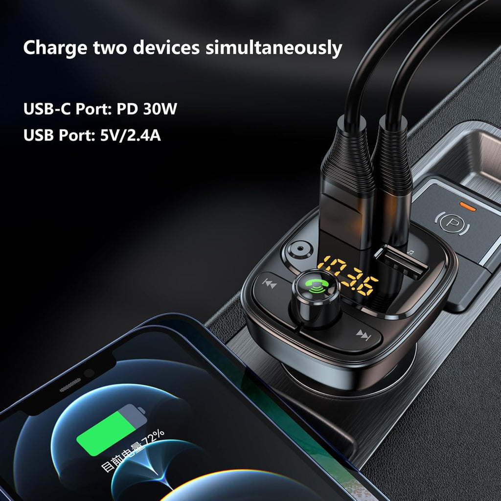 Bluetooth 5.3 FM Transmitter Car Adapter, Wireless Radio MP3 Player Stereo Music Audio Receiver Hands Free Calling, 42W (PD 30W & 12W) USB C Car Charger for iPhone, Support TF Card & USB Disk (Black)