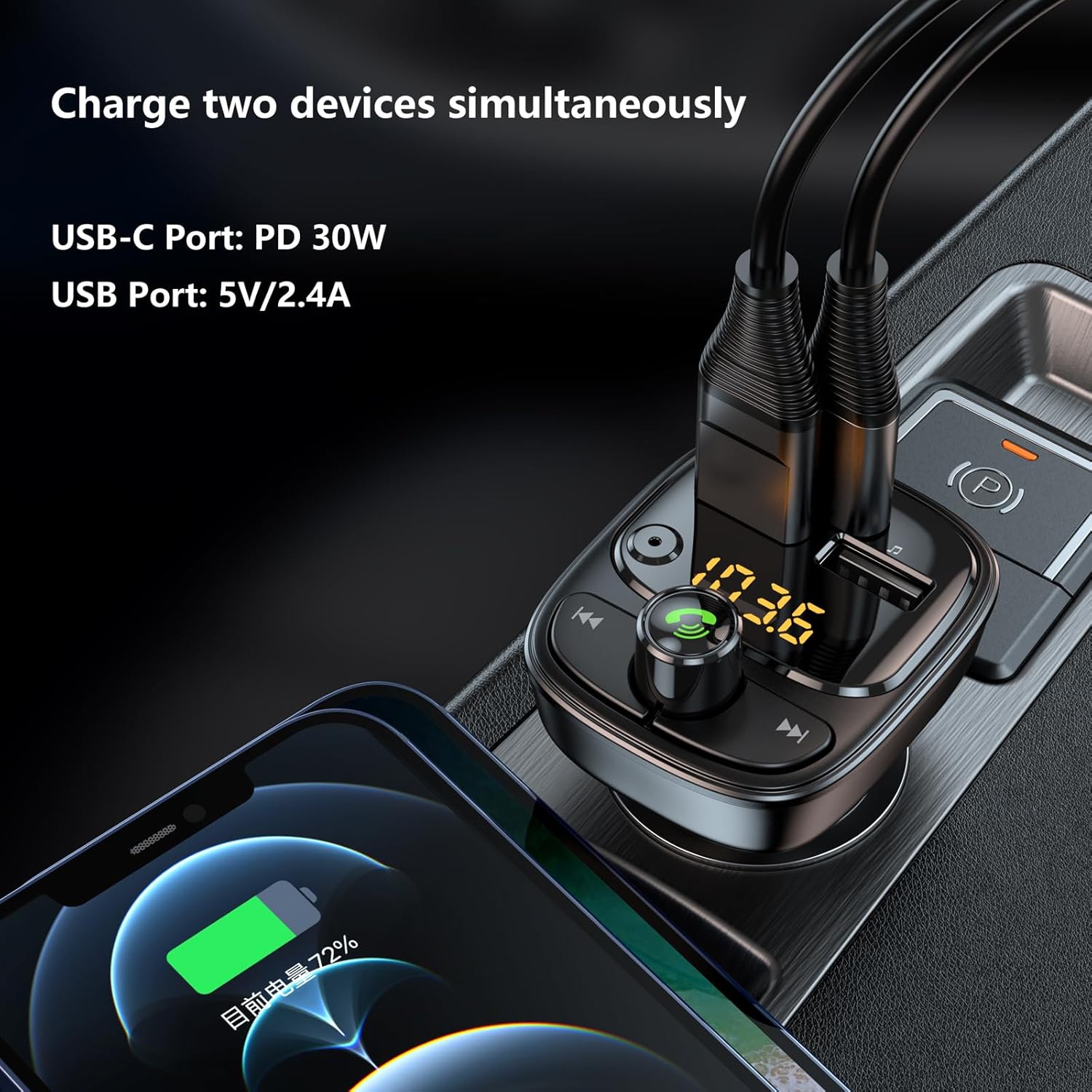 Bluetooth 5.3 FM Transmitter Car Adapter, Wireless Radio MP3 Player Stereo Music Audio Receiver Hands Free Calling, 42W (PD 30W & 12W) USB C Car Charger for iPhone, Support TF Card & USB Disk (Black)
