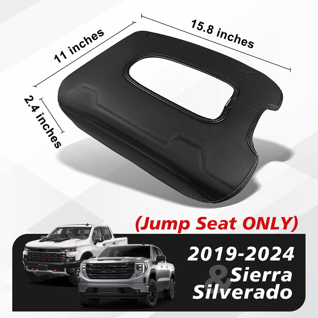 Muslogy Center Console Armrest Cover Compatible with Chevy Silverado & GMC Sierra 2019-2025 Comfort Armrest Pad Arm Rest Cushion Vegan Leather Protector Regular Thick(Jump Seat ONLY)