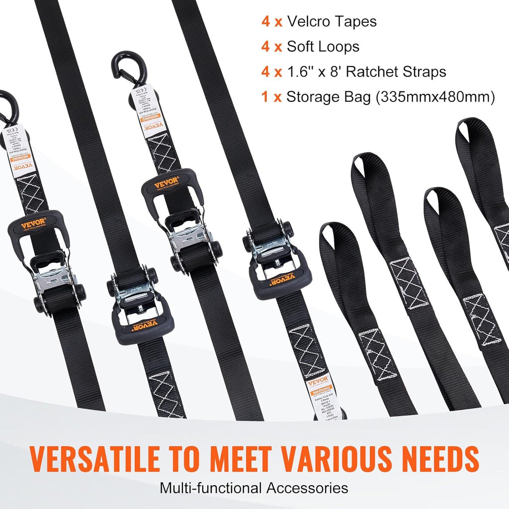 VEVOR Ratchet Tie Down Straps (4PK), 5208lbs Break Strength, 1.6" x 8' Heavy Duty Ratchet Tie Down Strap Set with Padded Handles, Coated S Hook, Soft Loop for Moving Appliances Motorcycle ATV Truck
