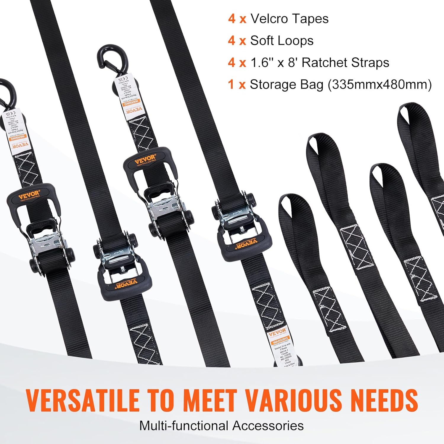 VEVOR Ratchet Tie Down Straps (4PK), 5208lbs Break Strength, 1.6" x 8' Heavy Duty Ratchet Tie Down Strap Set with Padded Handles, Coated S Hook, Soft Loop for Moving Appliances Motorcycle ATV Truck