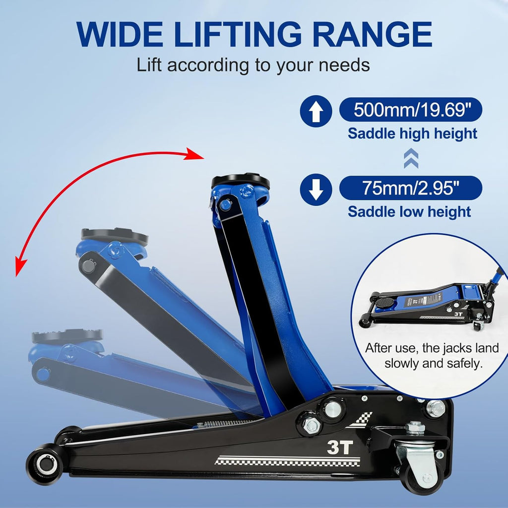 Floor Jack 3Ton/6600lbs.Dual Piston Fast Lifting Pump.Ultra Low Profile Floor Jack,Lifting Range 2.95"-19.69".Heavy Duty Hydraulic Racing Car Jack for MVPs,SUVs and Trucks.Trolley Jack