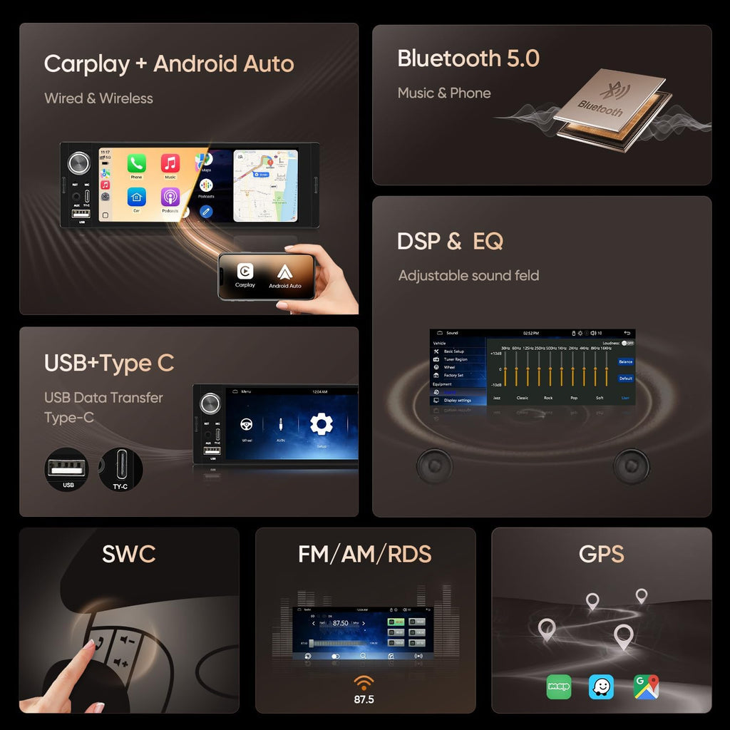 6.36" Single DIN Car Stereo - Wireless CarPlay & Android Auto | Linux System HD IPS Touchscreen Radio | Bluetooth 5.0 | USB-C/USB/FM/AM | EQ Controls | Microphone Included
