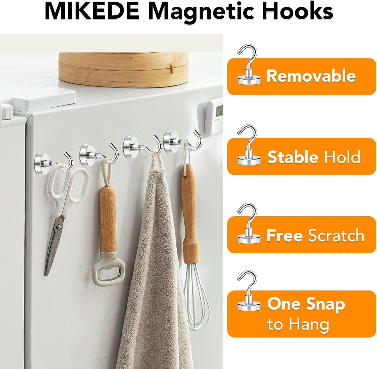 MIKEDE Magnetic Hooks, 40Lbs+ Heavy Duty Magnet Hooks for Cruise Cabins, Super Neodymium Hanging Hooks Strong Magnets with Hook for Fridge, Magnetic Hanger for Grill, Toolbox, Storage, Pack of 4