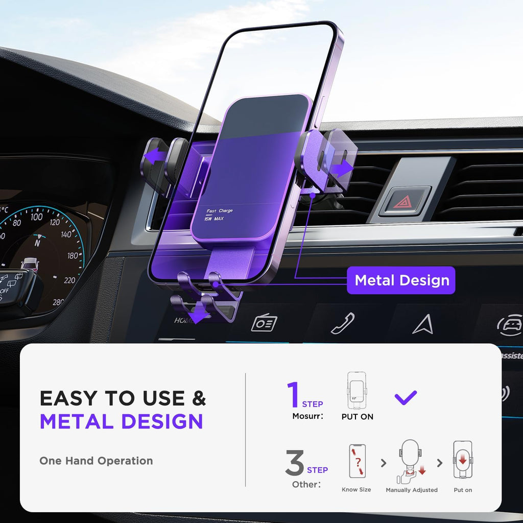 Wireless Car Charger,【7 Colored RGB Backlit】15W Auto Clamping Car Charger Phone Mount Holder for iPhone 16 15 14 13 12 Mini Pro Max 11, Samsung Galaxy S24 Ultra S23 S22 S21+ S10+ Note 20, etc - Purple