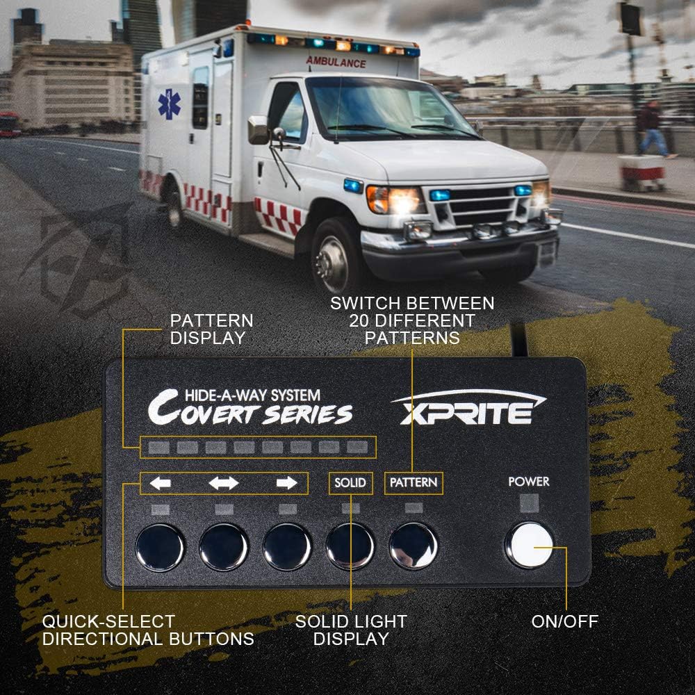 Xprite White LED Hideaway Emergency Strobe Lights Kit, 20 Flashing Modes w/Controller Headlights Taillights Fog Light Mounting, Hazard Warning Caution Light for 12V Vehicles Pickup Trucks Vans 8 PCS