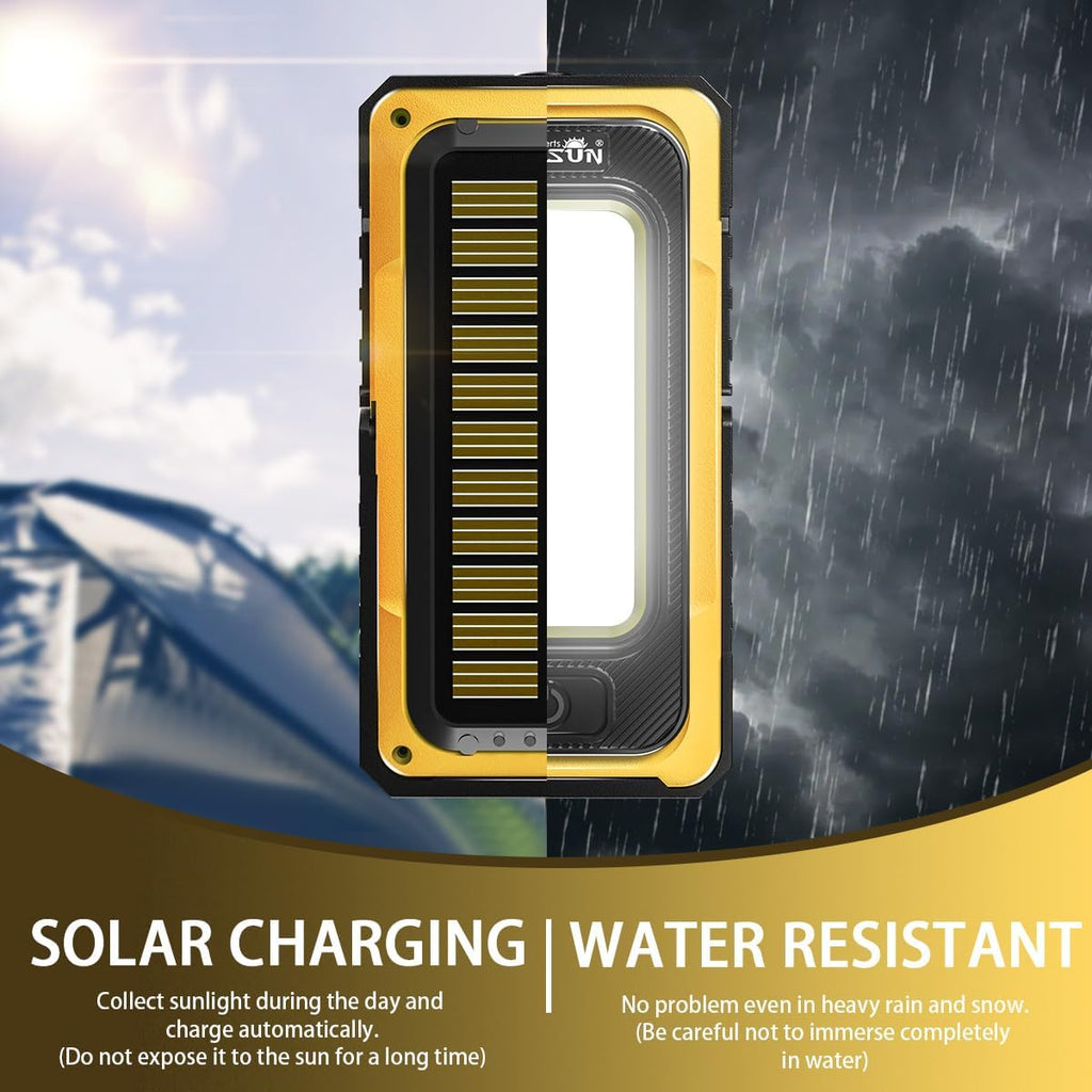WARSUN Portable Rechargeable Magnetic Work Light, LED Flood Light Waterproof for Outdoor Camping Hiking Emergency Car Repairing (USB + Solar Charging, Yellow)