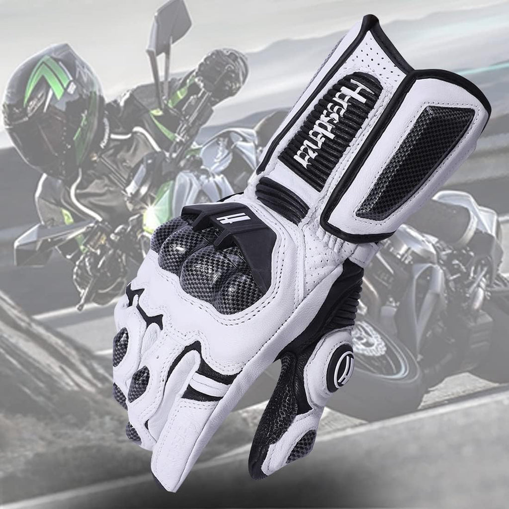 Harssidanzar Leather Motorcycle Gloves for Men and Women,Powersports Carbon Fiber Knuckle Protection Motorbike Gloves KM045