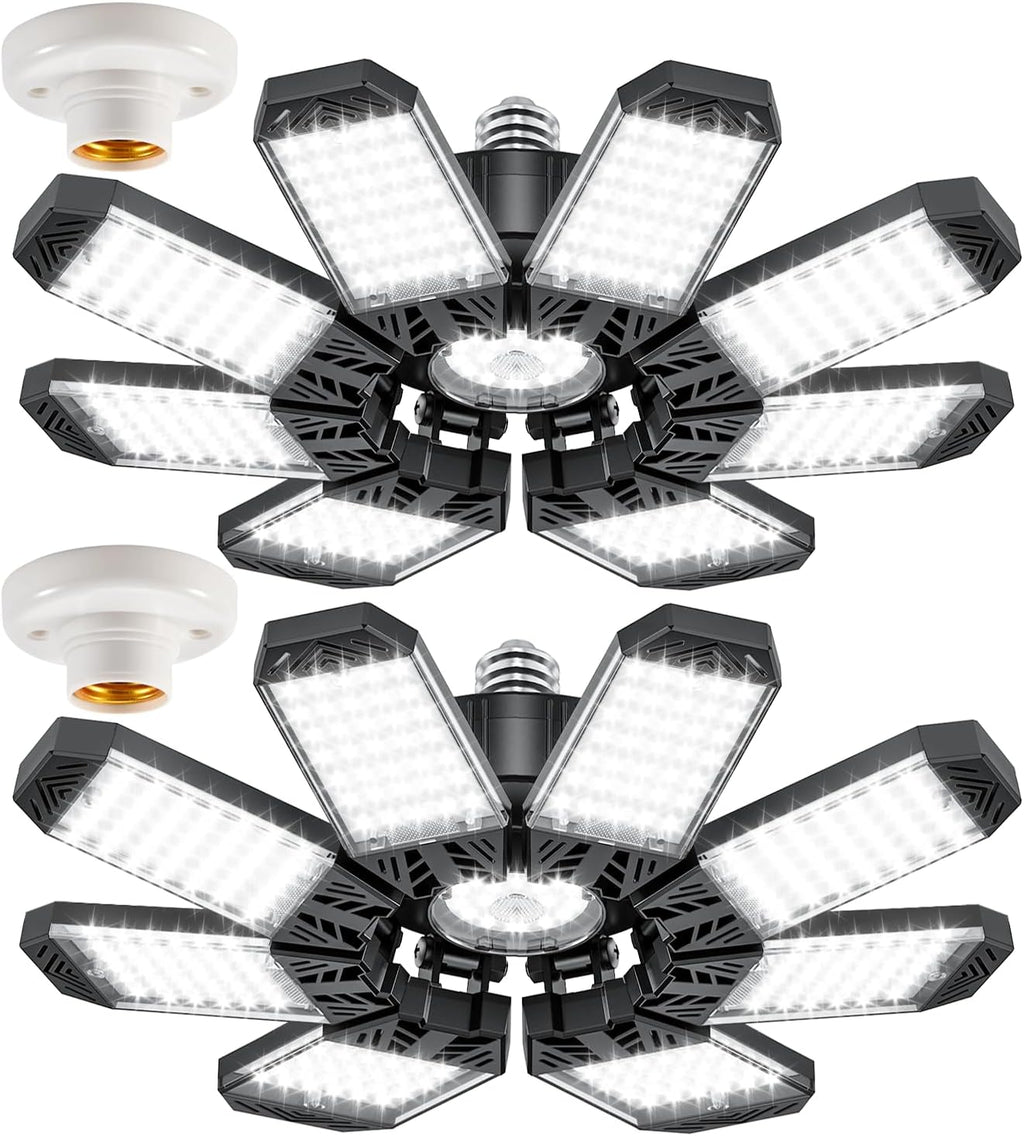 ISKYDRAW LED Garage Lights 2 Pack, 260W 26000LM Bright Shop Light with 8+1 Deformable Panels, 6500K Garage Ceiling Light Screw Into E26 E27 Bulb Socket Bay Lighting for Workshop Basement Barn Attic