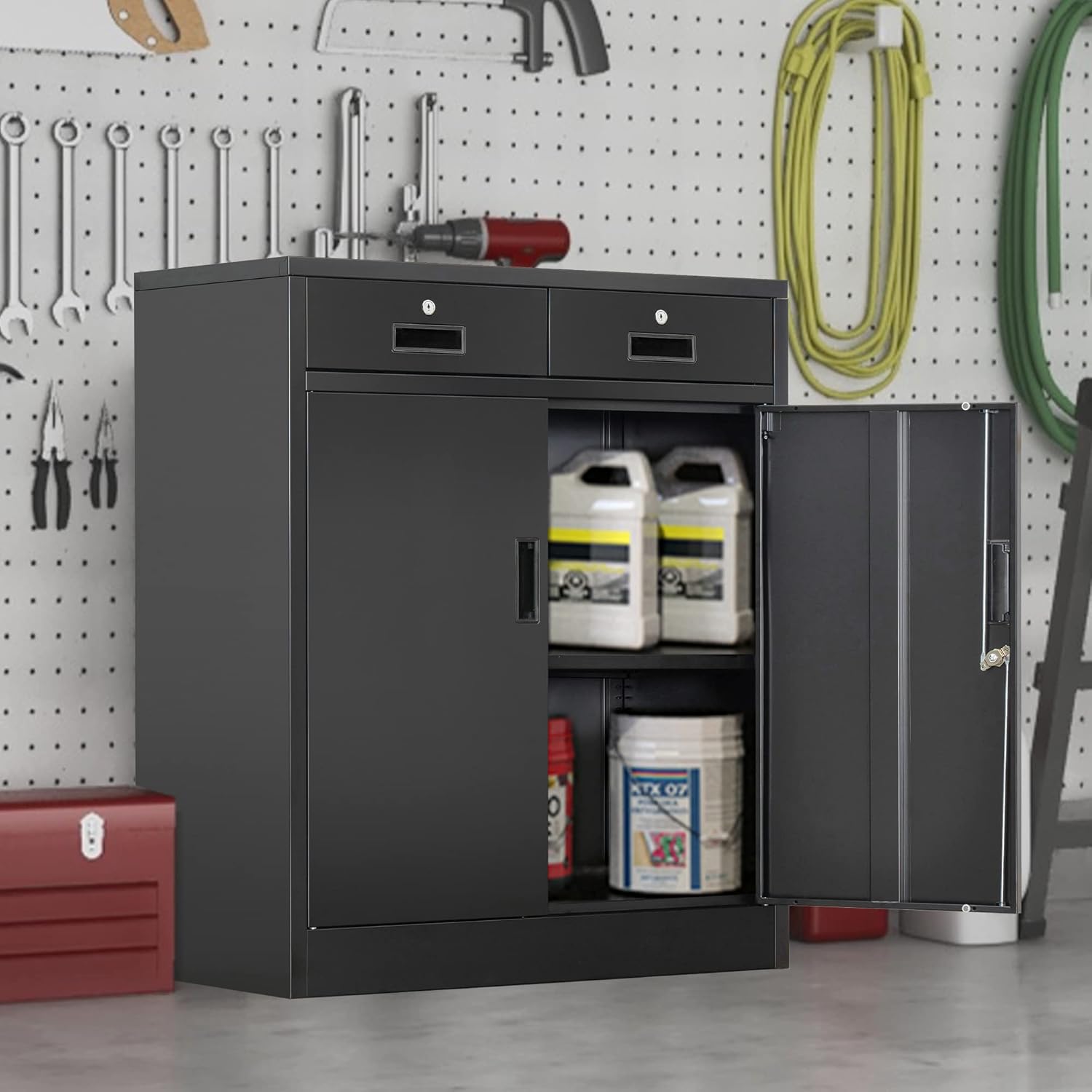Metal Storage Cabinet, 36" H Locking Storage Cabinet with Two Drawers and Adjustable Shelf, Metal Cabinets for Office, Garage, Home-Black