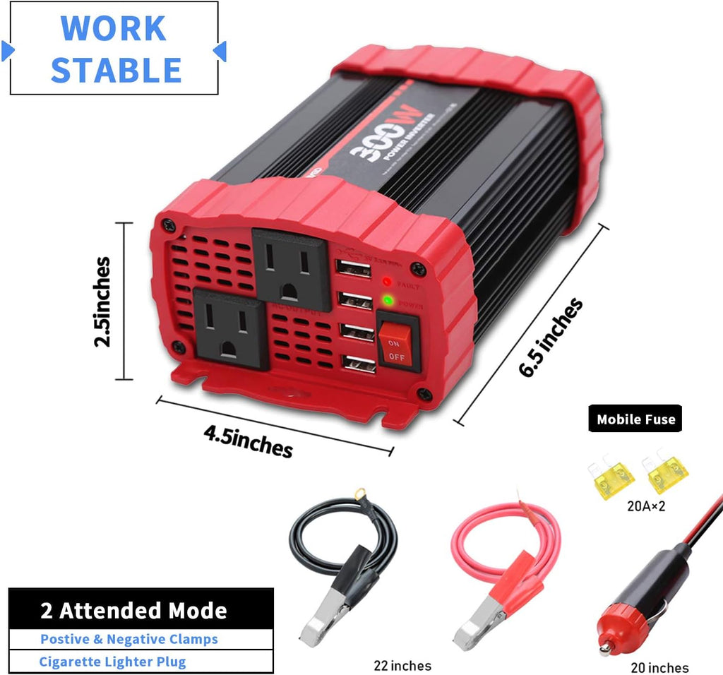 BYGD 300W Car Power Inverter, DC 12V to 110V AC Vehicle Plug Adapter Converter with 4 USB Quick Charging Ports and Dual AC Outlets Car Charger Equipped Cigarette Lighter Cable and Battery Clamps Red