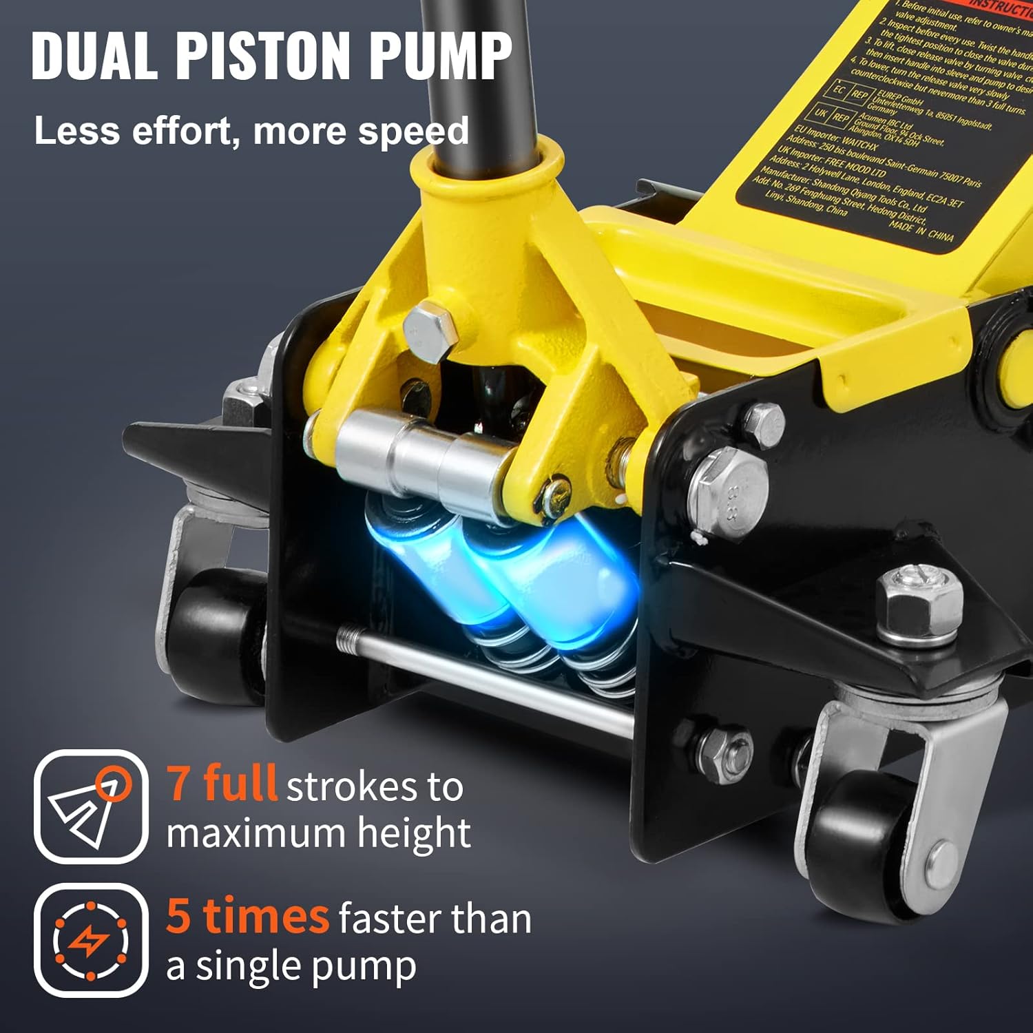 VEVOR 2.5 Ton Low Profile, Heavy-Duty Steel Racing Floor Jack with Dual Pistons Quick Lift Pump, Lifting Range 3.64"-19.49"