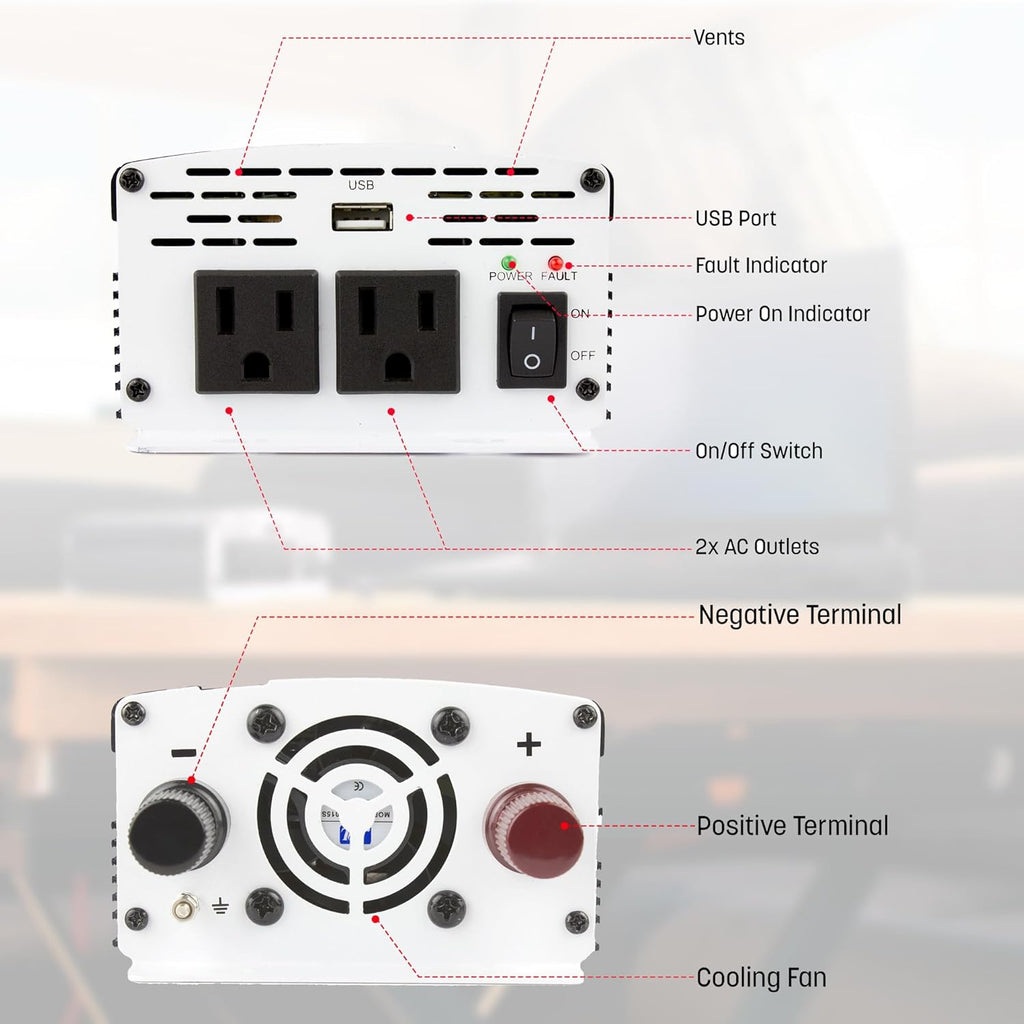 Wagan EL3718 800W Slim Line AC to DC Power Inverter 800W TrueRated Continuous 1600W Surge Power DC 12V to AC 110V Power Inverter with 2 AC Outlets and 2A USB Charging Port