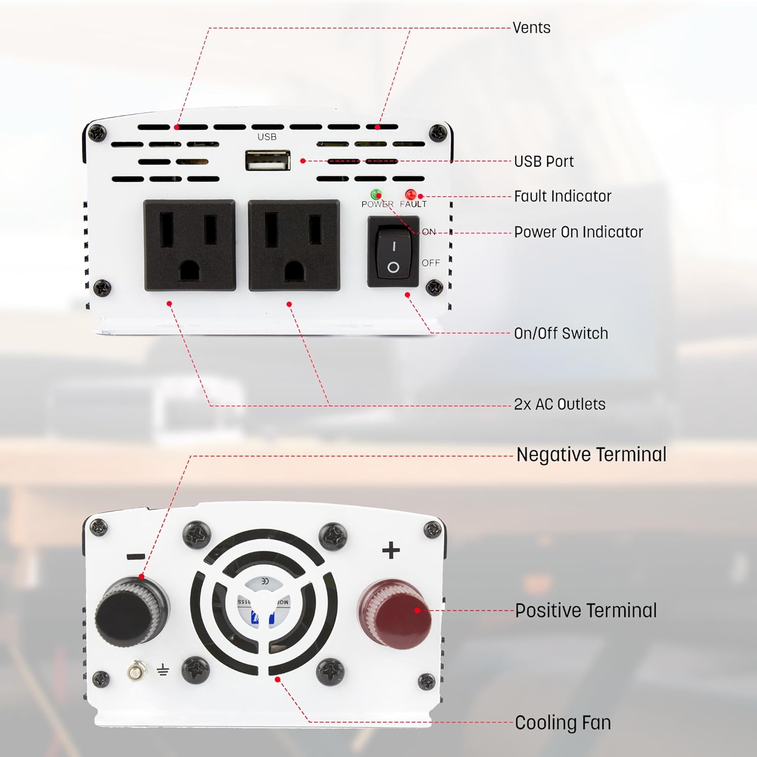 Wagan EL3718 800W Slim Line AC to DC Power Inverter 800W TrueRated Continuous 1600W Surge Power DC 12V to AC 110V Power Inverter with 2 AC Outlets and 2A USB Charging Port