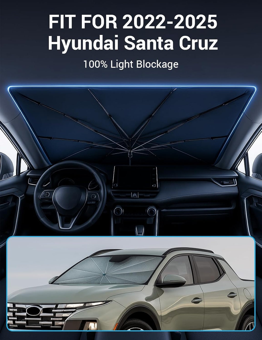 Proadsy Windshield Sun Shade Umbrella for Hyundai Santa Cruz 2022-2025 2026 Foldable Car Umbrella Sunshade with Soft TPU Handle Spring Structure Crystal Cooling Material Protect Car from Rays & Heat