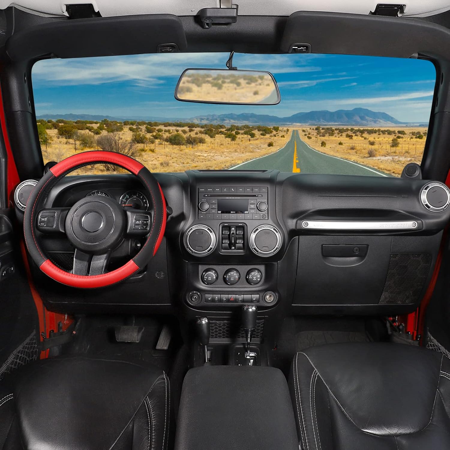 SEG Direct Car Steering Wheel Cover for F-150 Tundra Range Rover 15.5-16 inch, Black and Red Microfiber Leather