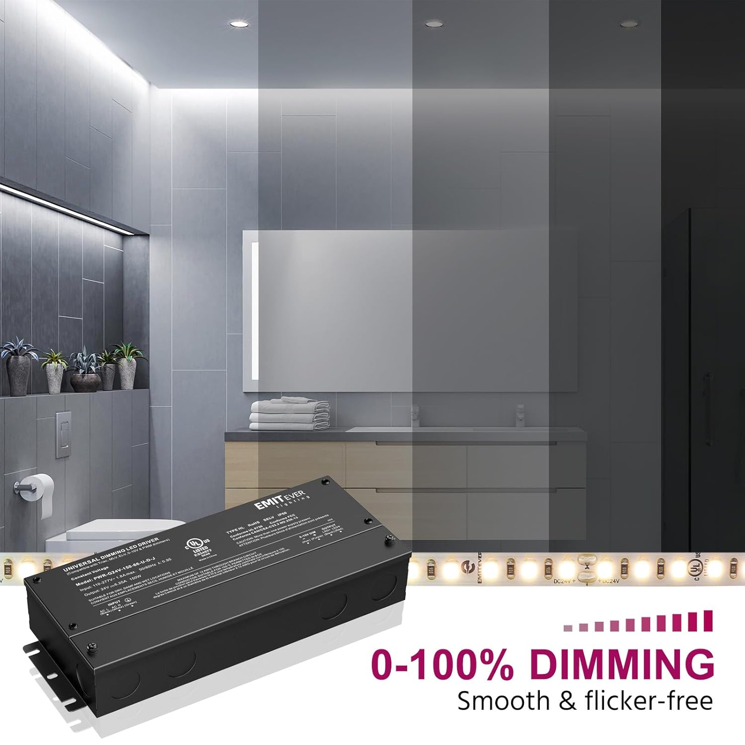 EMITEVER Dimmable Led Driver, 2 Packs 150W AC 110V-277V to DC 24V Transformer, 5-in-1 Dimming: ELV/MLV/TRIAC / 0-10V / 1-10V / 10V PWM/Potentiometer, Waterproof IP67 and UL Listed
