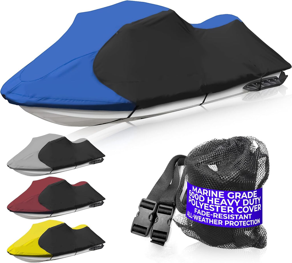 Trailerable Jet Ski Cover, Waterproof Marine Grade 600D Heavy Duty Polyester PWC Cover Blue/Black Color Fits from 116"-125" 2 Seater